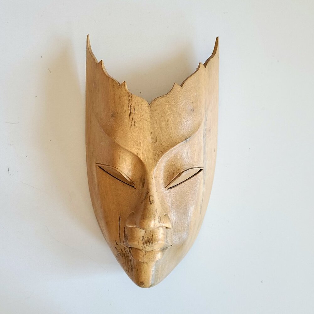 Indonesian Bali wooden Hibiscus hand carved wall mask.